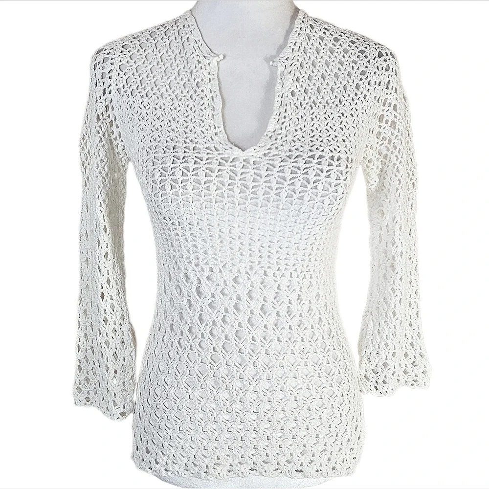 White Open Knit Crochet Top Women's Small Bell Sleeve Boho Festival Cottagecore